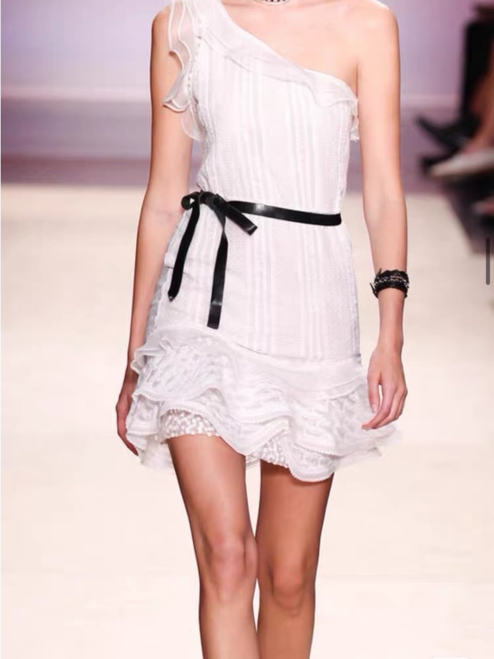 Isabel Marant White One-Shoulder Ruffle Mini Dress with Black Ribbon